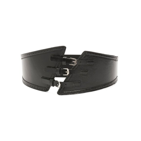 PUNTO FIBBIA Black Made In Italy Leather Triple Buckle Bustier Belt